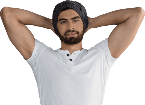 Confident Man in White Shirt and Beanie Transparent Background