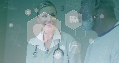 Smiling female doctor consulting male patient with telemedicine hex ui icons and stethoscope
