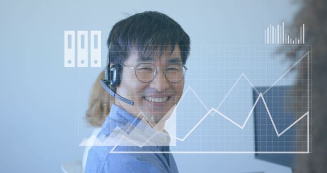 Smiling Customer Service Representative with Headset and Graph Overlay - Download Free Stock Images Pikwizard.com