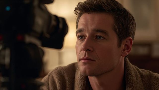 Contemplative man gazing at camera lens while filming in cozy bedroom with soft light