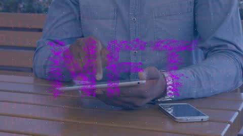 Man Utilizing Tablet with Digital Overlay of Binary Code