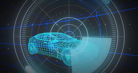 Cyan 3D Wireframe Car Rotating Inside Futuristic HUD Radar Interface for Autonomous Tech