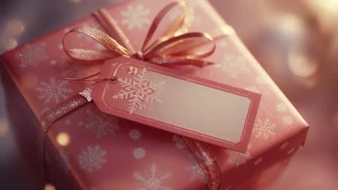 Elegant Gift Box with Gold Ribbon and Snowflake Tag on Table