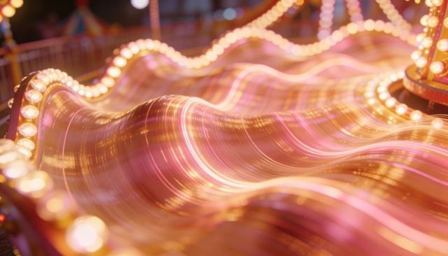Glowing wavy carnival ride surface in pink gold with marquee bulbs and neon reflections