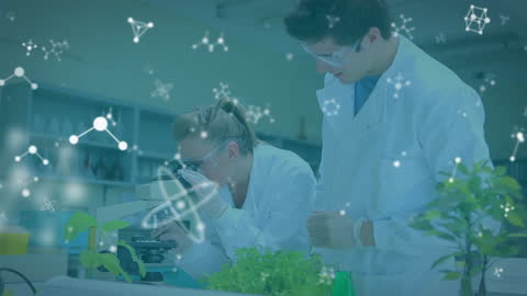 Scientists Collaborating in Laboratory with Digital Chemistry Overlays