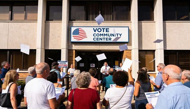 Community voting rally at vote community center with organizers speaking to crowd