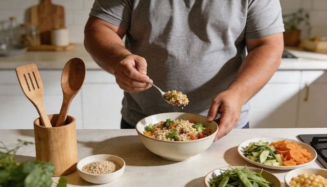Man preparing couscous and vegetable bowl on home kitchen countertop for healthy meal prep