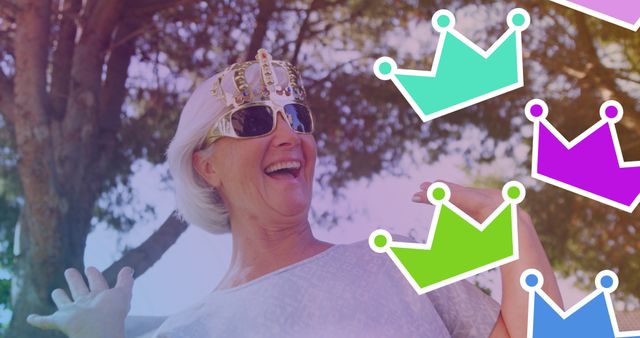 Happy Elderly Woman Wearing Crown and Sunglasses in Fun Outdoors Scene - Download Free Stock Images Pikwizard.com