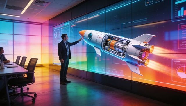 Executive Presenting Futuristic Rocket Cutaway on Interactive Videowall Boardroom Aerospace