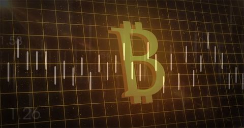 Bitcoin symbol overlay on cryptocurrency market graph background