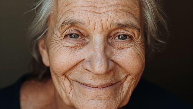 Smiling senior woman closeup showing facial wrinkles and gentle gaze for senior care