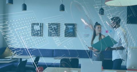 Colleagues Analyzing Holographic Data in Modern Workspace