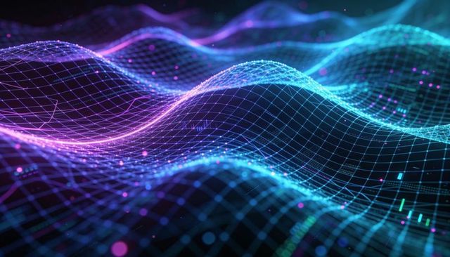 Flowing neon wireframe grid forming futuristic digital terrain in 3d space