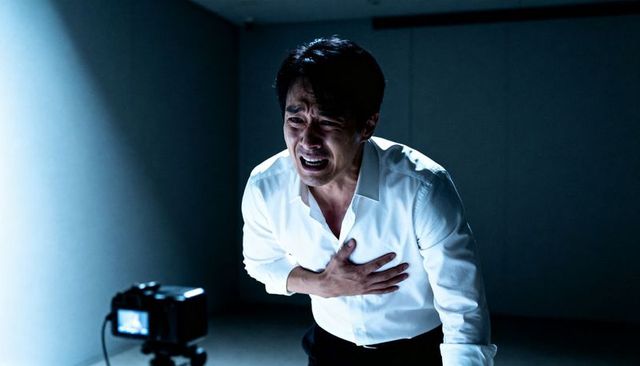 Man clutching chest under spotlight leaning toward camera showing anguish and confession
