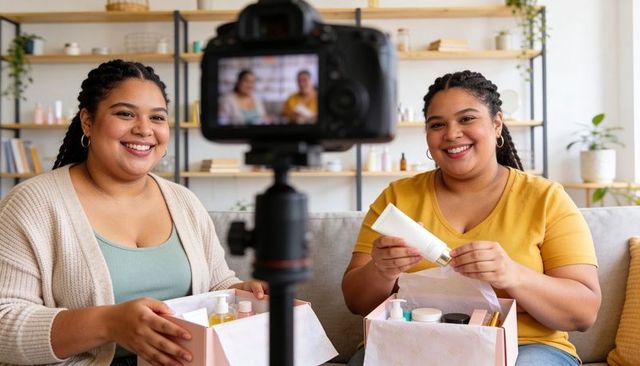 Smiling creators unboxing skincare on camera, two women filming beauty collaboration on sofa