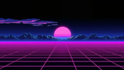Retro neon grid horizon with magenta sun and cyan mountain silhouettes in synthwave style