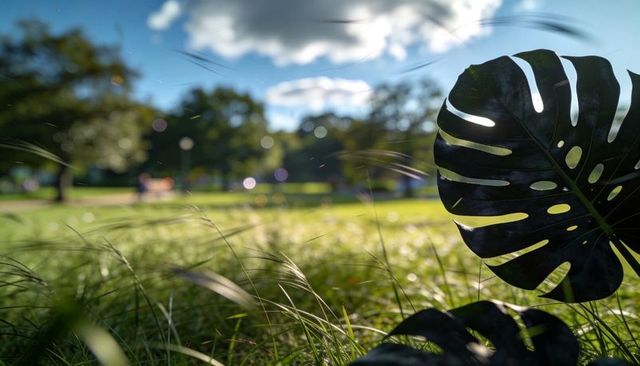 Monstera leaf catching warm backlight in sunlit park with grassy foreground and bokeh