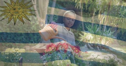 Child Enjoying Gardening Practice with Uruguayan Flag Overlay