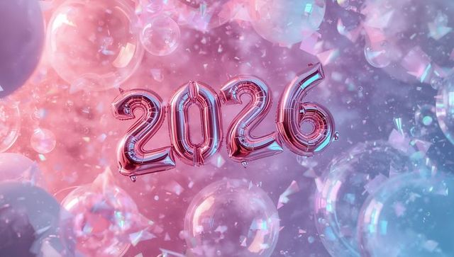 Floating rose gold 2026 foil balloons with pastel bubbles and iridescent confetti