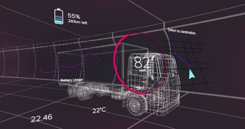 Digital Interface with 3D Electric Truck Model Highlighting Battery Metrics