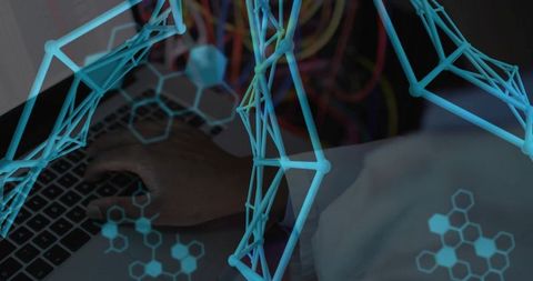 Scientist typing laptop with molecular model overlay in tech lab