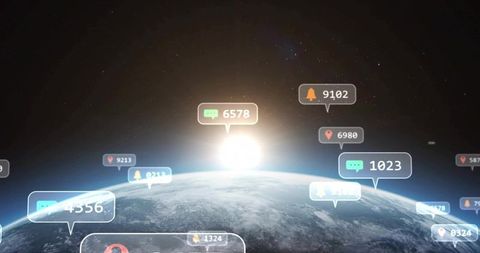 Global Connectivity Rising at Sunrise with Floating Social UI Bubbles Over Earth