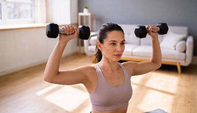 Woman pressing dumbbells overhead in sunlit living room for home strength training routine