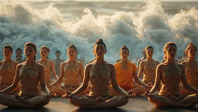 Group Meditation by Ocean with Women in Gold and Yellow Attire