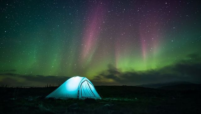 Glowing dome tent beneath northern lights over remote tussock plain at night