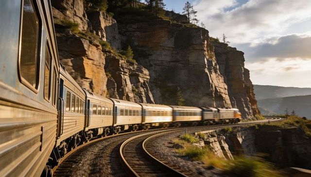 Silver streamlined passenger train curving along cliffside canyon tracks at sunset light