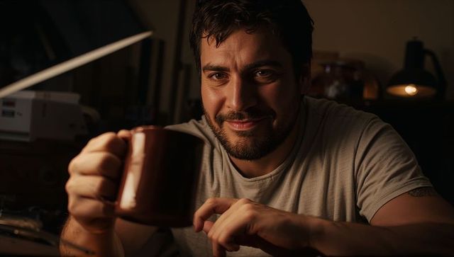 Bearded man sipping coffee in dim home workspace, warm intimate lighting and focus