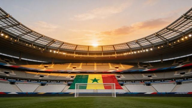 Displaying giant senegal flag behind regulation soccer goal in empty stadium at golden sunset