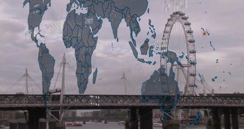 London Eye Overlooking River Thames with World Technology Overlay