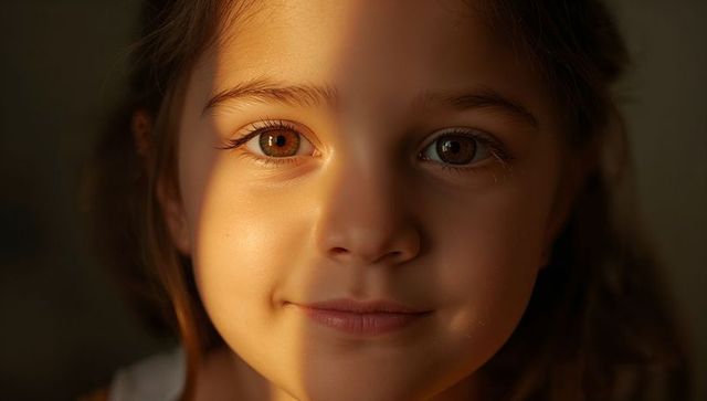 Smiling girl catching golden window light close-up portrait with warm brown eyes