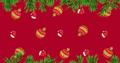 Festive Christmas Background with Ornaments and Santa Hats