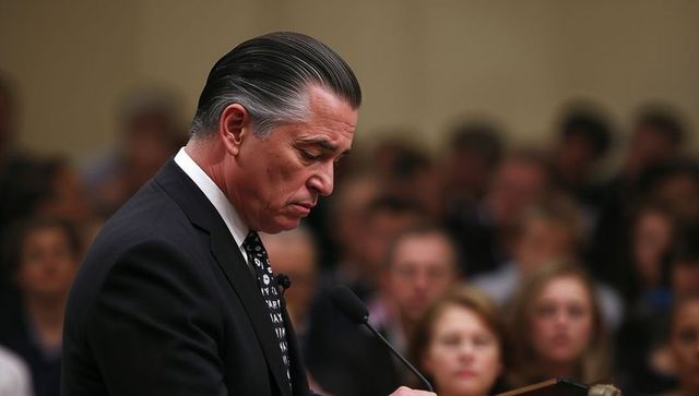 Senior executive delivering formal testimony at podium reading notes with lapel microphone