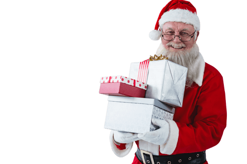 Santa Claus Holding Colorful Gift Boxes on Transparent Background