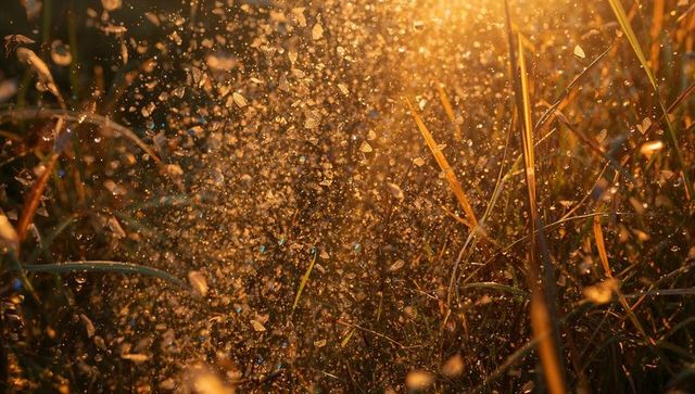Backlit grass seed heads glowing at golden hour with dew bokeh and sunburst sparkle