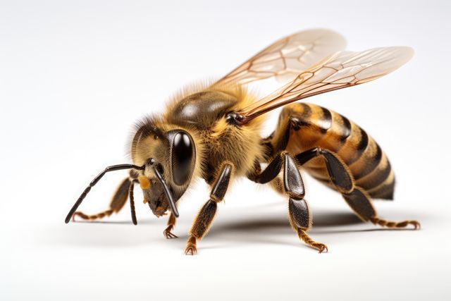 Close up of bee standing on white background, created using generative ai technology. Insects, nature and wildlife concept digitally generated image.