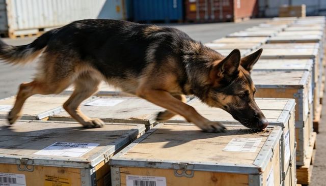 German shepherd sniffing cargo crates on industrial shipping terminal for detection work