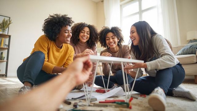 Diverse female students building architecture model together on living room floor, smiling