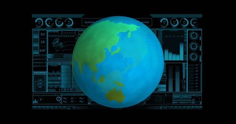Glowing globe displaying global analytics on futuristic hud with neon telemetry panels