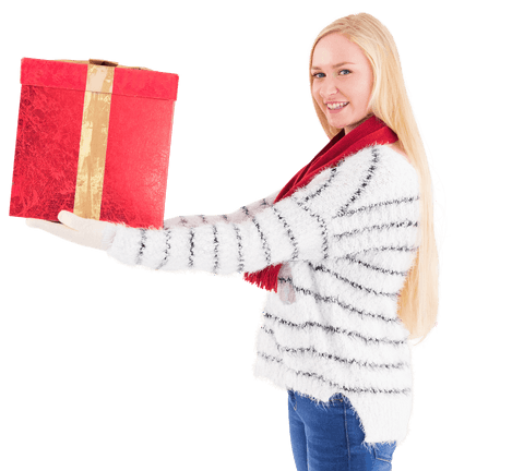 Smiling woman in cozy sweater holding festive red gift box on transparent background