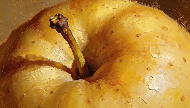 Closeup yellow apple with impasto brushstrokes on canvas showing recessed stem and texture