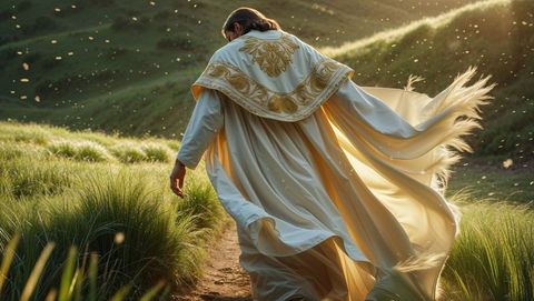Man in gold-embroidered robe strolling through meadow evoking jesus serenity