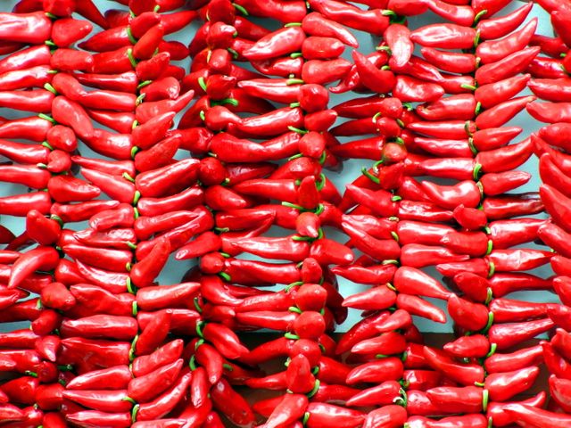 Bold red chili peppers arranged in rows drying naturally. Perfect for culinary articles, agriculture content, spice illustrations, or cooking blogs detailing seasoning ingredients. Excellent for food industry advertisements and cultural or traditional cooking visuals.