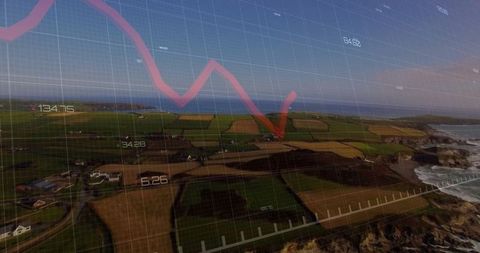 Drone imagery and data visualization over scenic coastal farmland