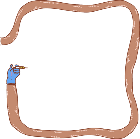 Flat design tube frame with syringe and gloved hand, transparent background