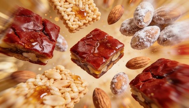 Glossy caramel nut squares floating with syrup drizzle and sugared almonds on gold backdrop