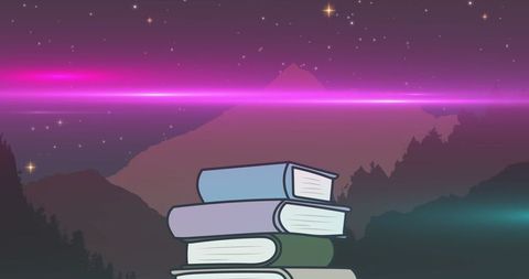 Mystical hardcover books with neon horizon on mountain top